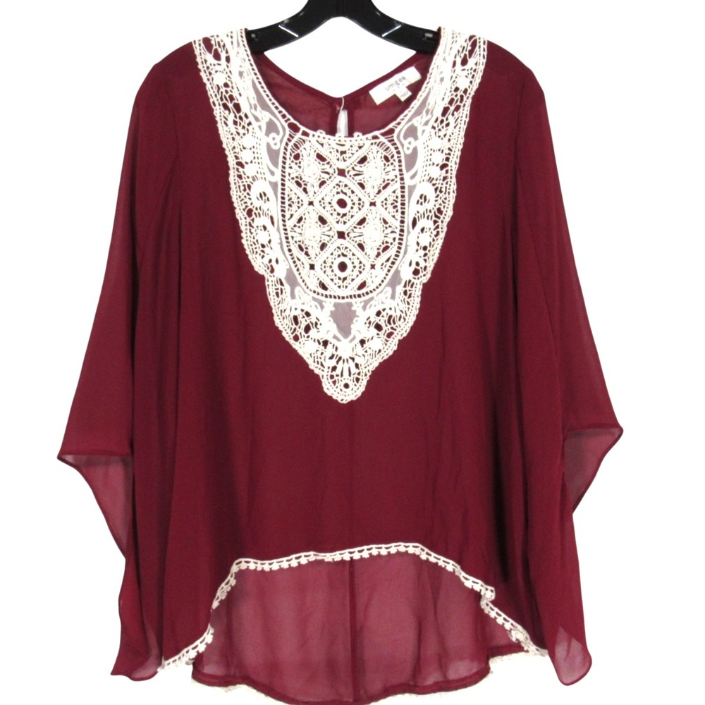 UMGEE Maroon CHIFFON Crochet Detail BELL SLEEVES 1-Button BLOUSE/TUNIC TOP Sz L
